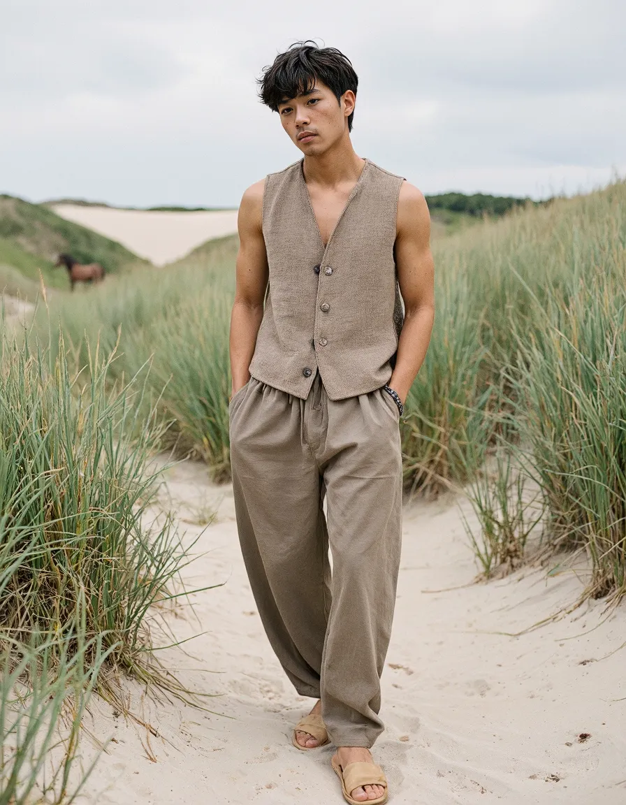 Person in neutral linen outfit walking along sandy beach path surrounded by tall dune grasses with soft cloudy sky background