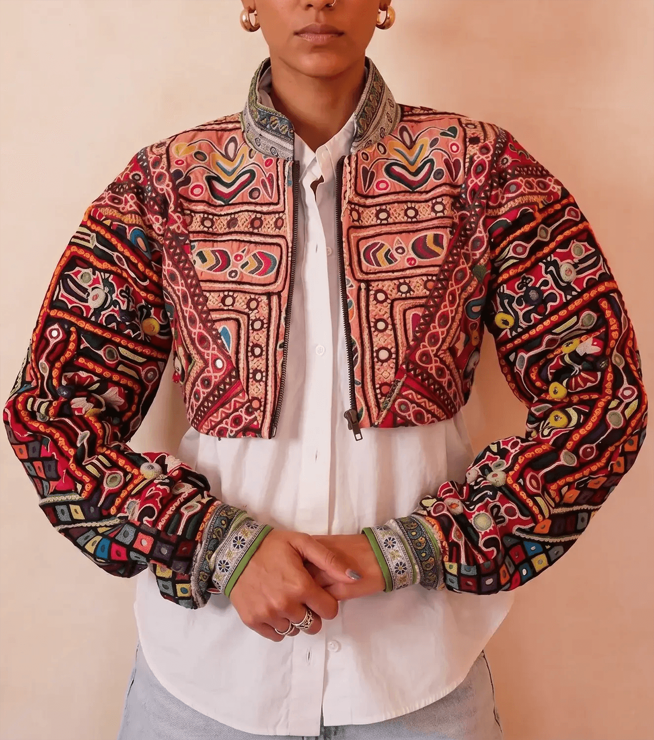 Cropped Chola Jacket III handcrafted from Rabari cholas with vintage silk sari lining, dropped shoulders and relaxed fit.