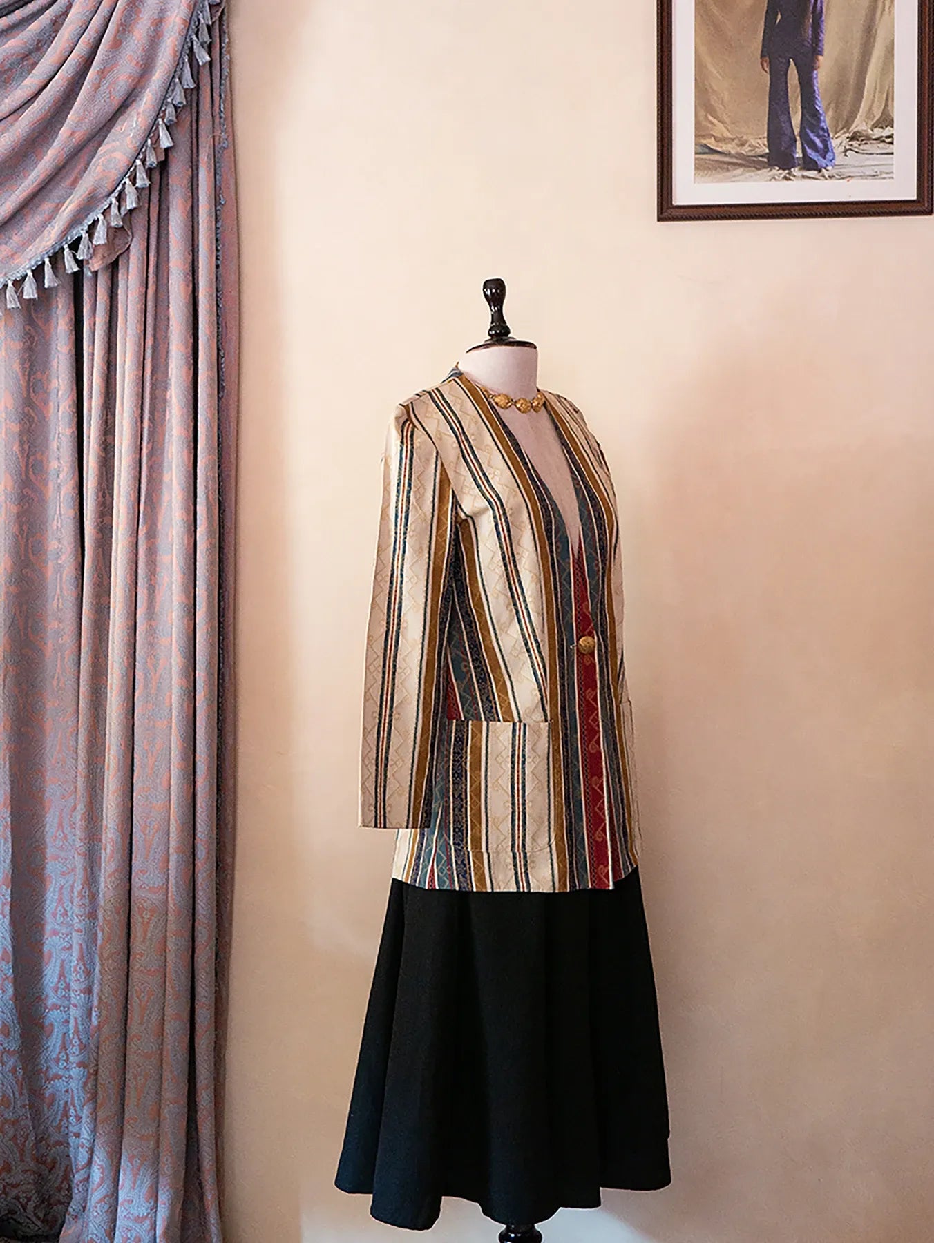 Vintage printed pinstripe long blazer featuring a tailored silhouette and structured fit, thrifted from global vintage collections.
