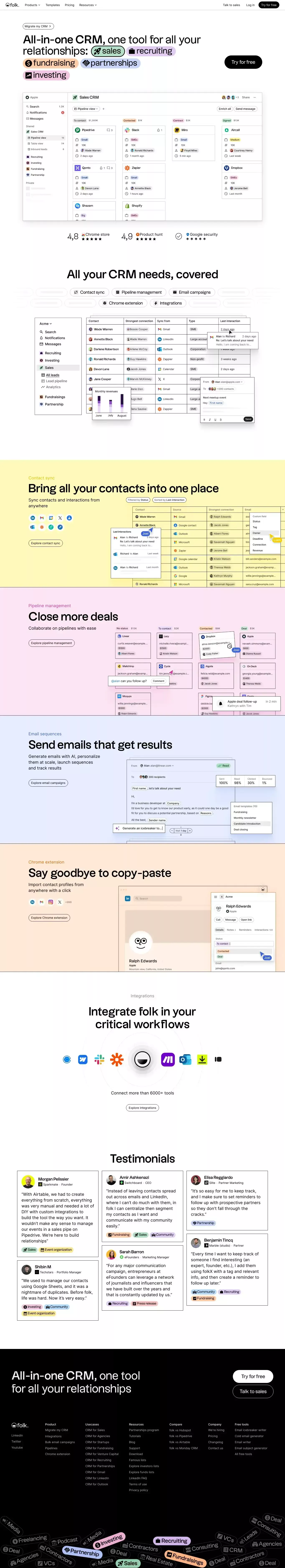 folk - the All-in-one CRM landing page screenshot showcasing HR and Tech design