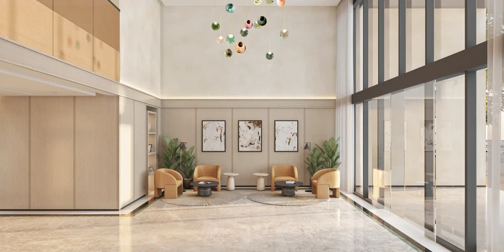 Lobby of Azizi Central in Dubai featuring a large glass wall and modern seating arrangements.