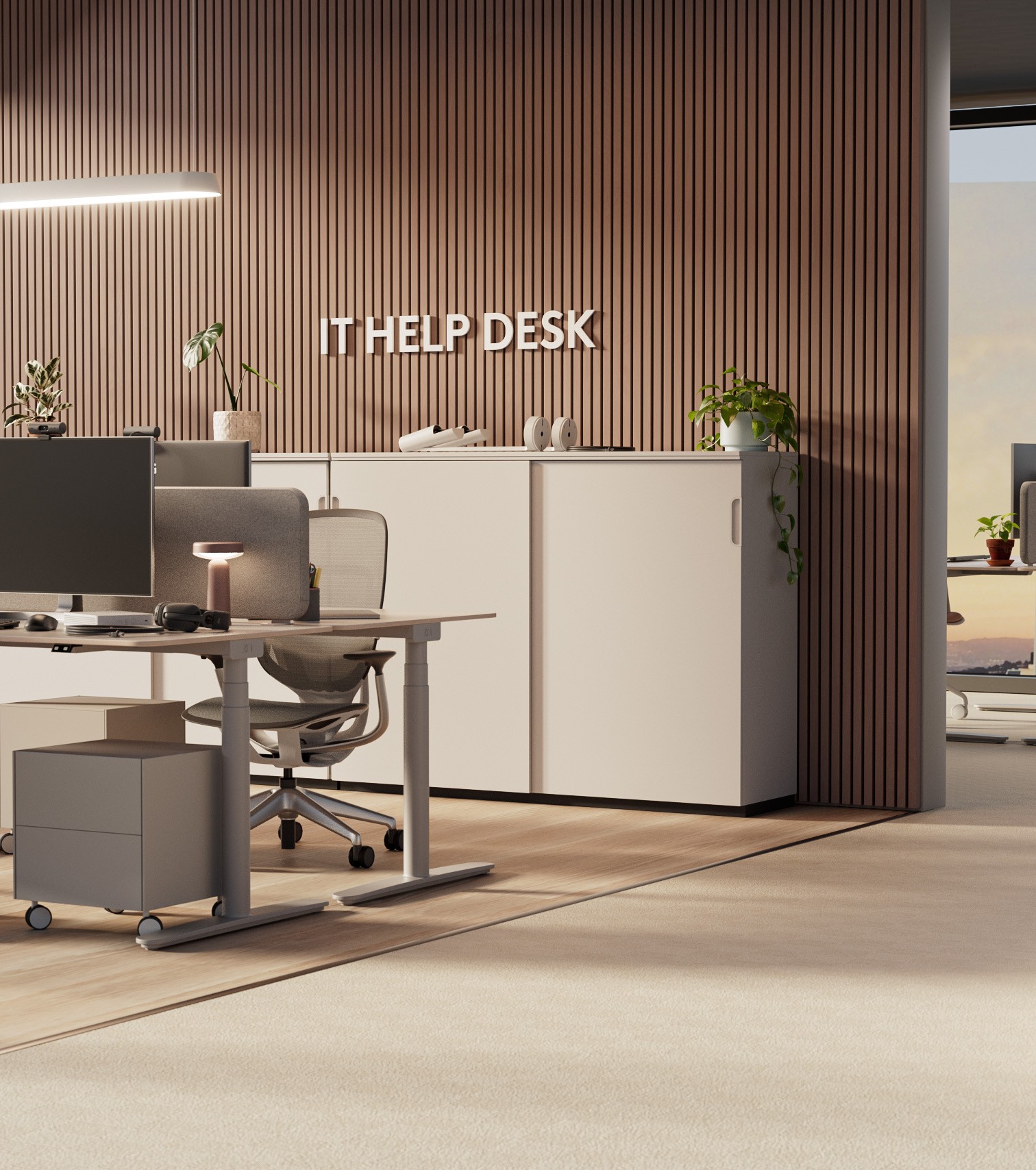3D render of an IT manager’s office with focus on the storage cabinet behind the desk