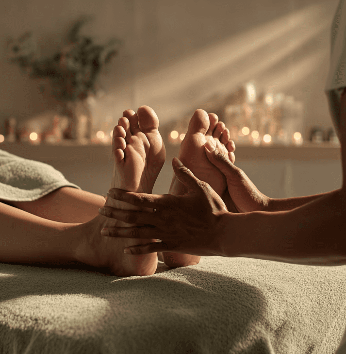 Gros plan sur un massage plantaire réalisé dans une ambiance zen, lumière tamisée et serviette douce.