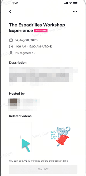 A screenshot of the TikTok LIVE Event details page for "The Espadrilles Workshop Experience," showing the date, time, and number of registered users.