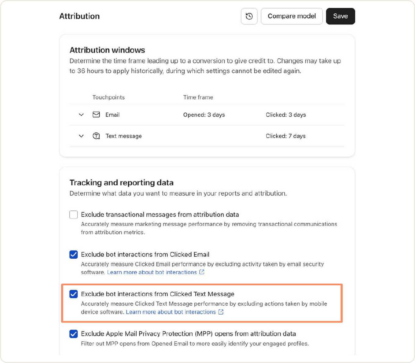 Klaviyo attribution settings with the option to exclude bot interactions from clicked text messages highlighted