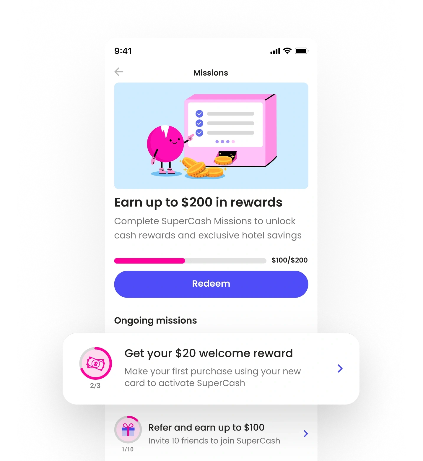 Product design mockup of Super.com’s new Missions system showing task-based rewards, progress tracking, and referral milestones, highlighting Yanick’s redesign that made rewards clear and motivating