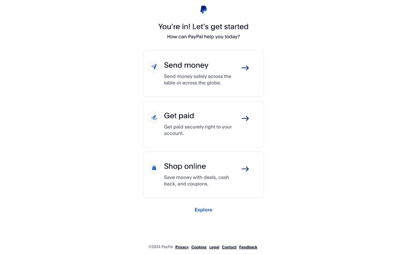 Eine PayPal-Willkommensseite mit der Überschrift „You’re in! Let’s get started“. Darunter befinden sich drei große, anklickbare Kacheln: „Send money“ (Geld senden), „Get paid“ (Geld empfangen) und „Shop online“ (Online einkaufen), jeweils begleitet von einem kurzen Erklärtext und einem blauen Pfeil-Icon. Ganz unten stehen ein „Explore“-Link sowie rechtliche Hinweise im Footer.