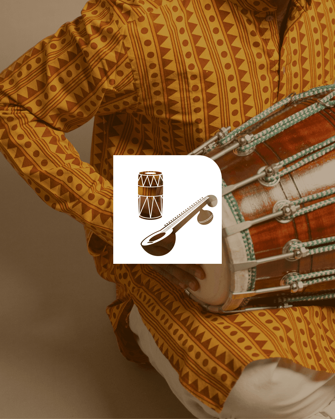 Tvarita musical-instrument motif over a drummer in yellow.