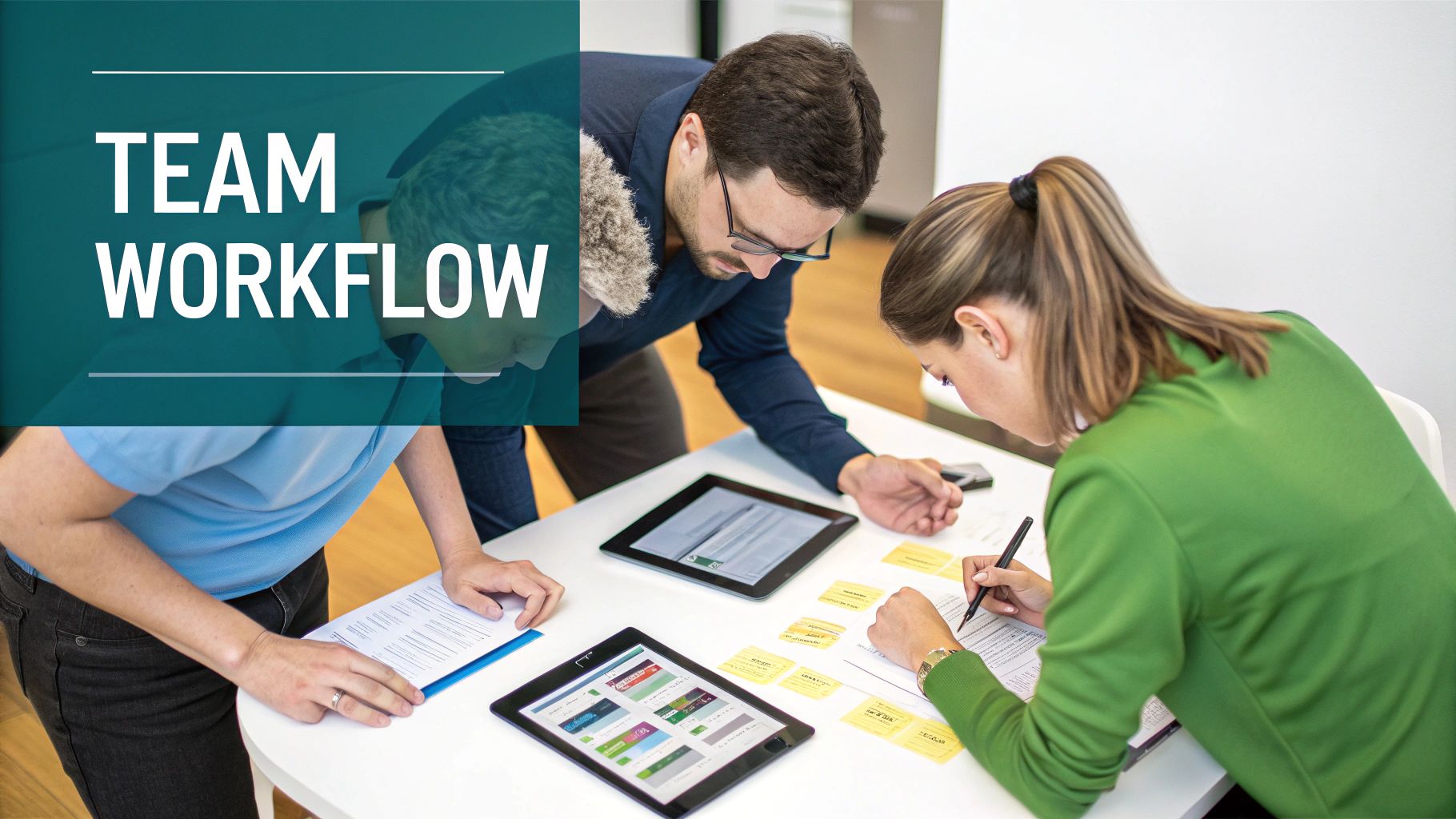 Team members collaborating around a table with tablets and documents, focused on a team workflow.