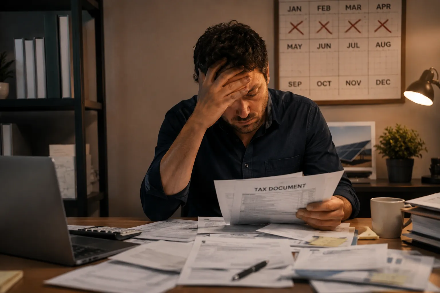 frustrated business owner sitting at desk who want to sell clean energy tax credits