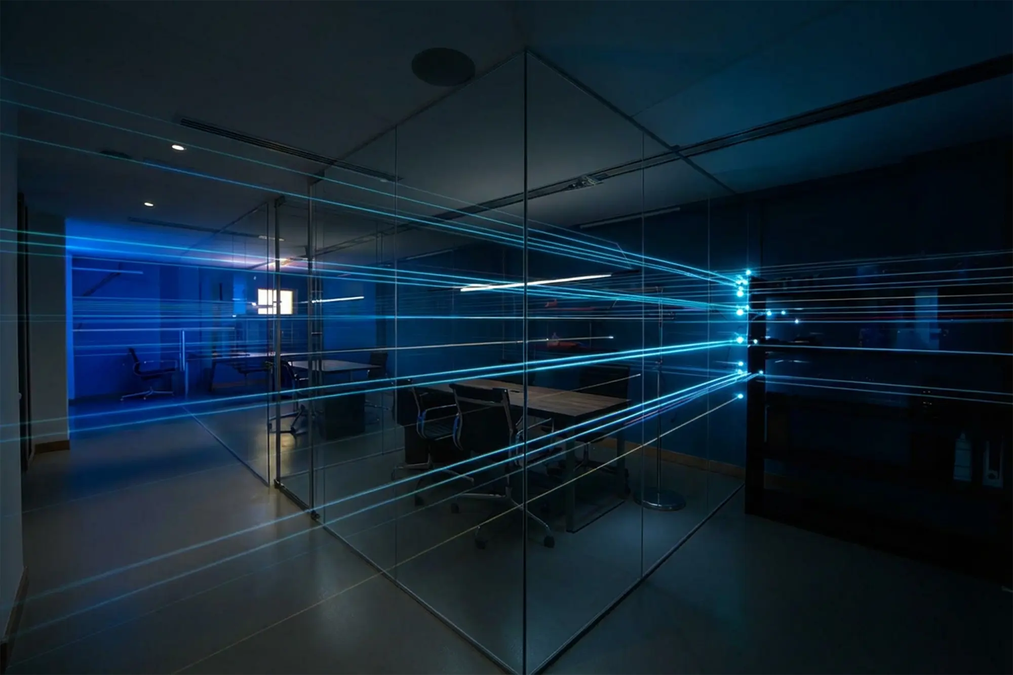 Modern minimalist office with rays of lights represented connectivity