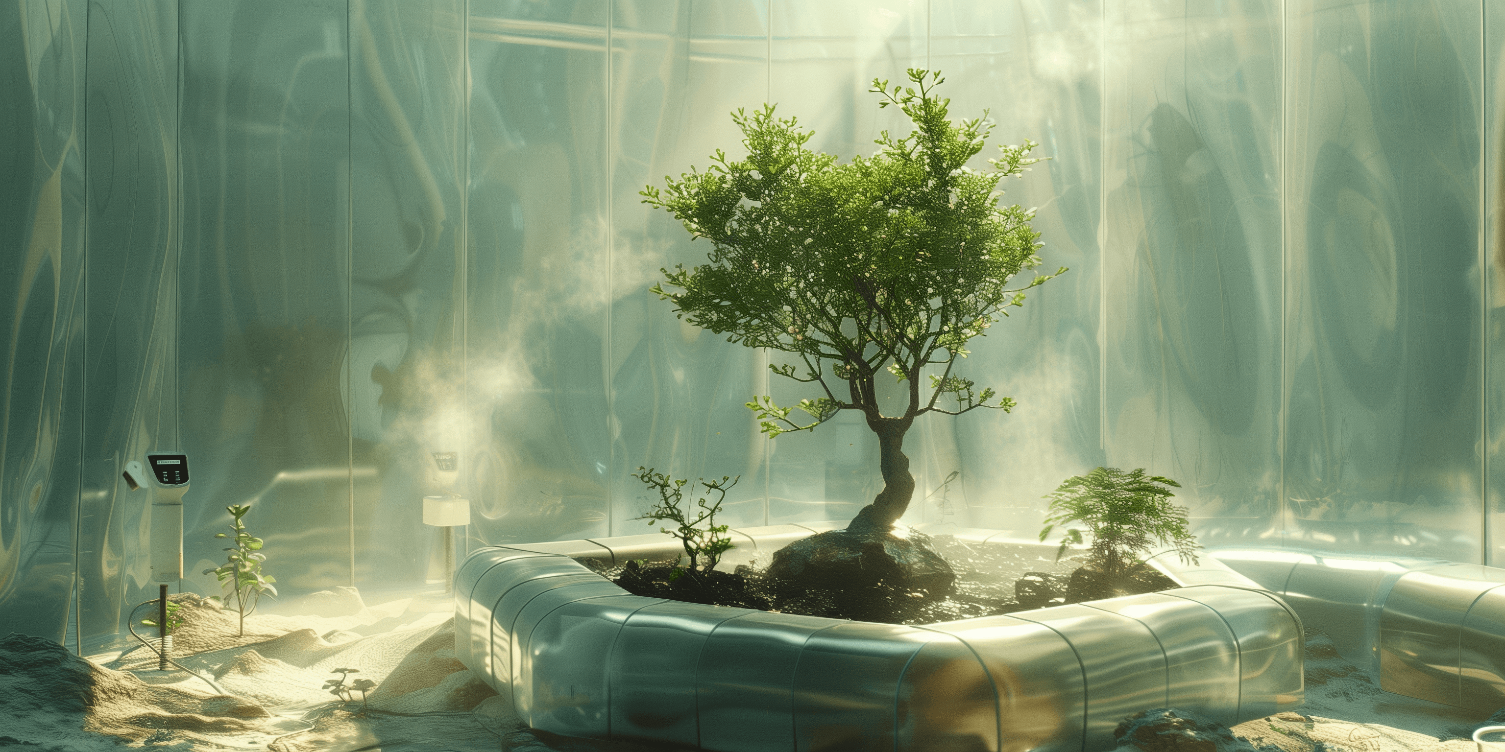 A large bonsai-style tree inside a futuristic, spacious glass greenhouse filled with steamy vapour and advanced monitoring technologies.