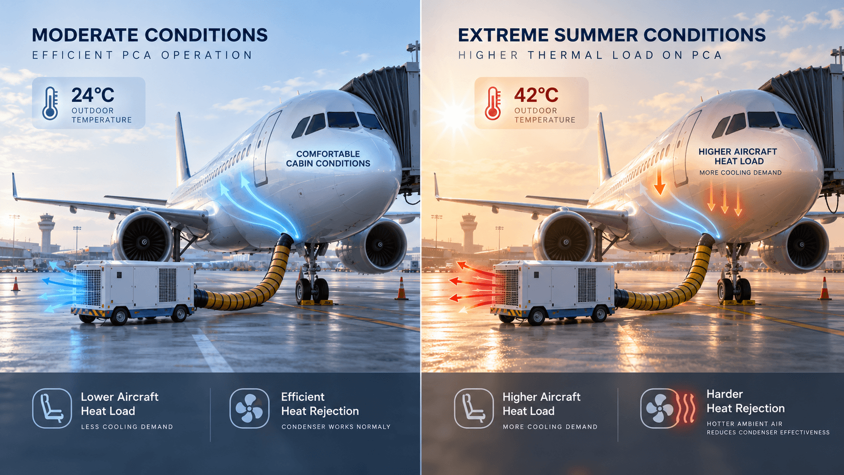 Aircraft PCA performance comparison between moderate conditions and extreme summer temperatures
