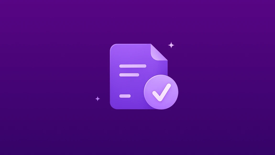 Document icon with a tick next to it on a purple background