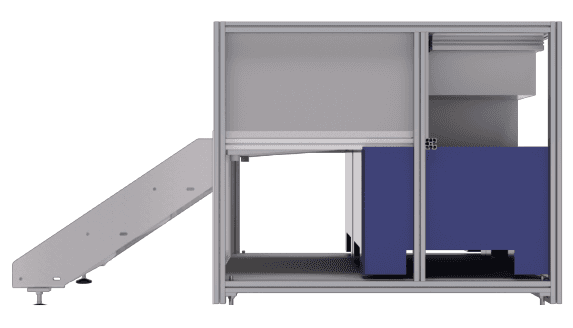 Vue vun der NoWaSan dréchen Toilette mat oppe Säiten am 3D Programm – weist d'Innenstruktur an technesch Komponenten vun der waasserloser Sanitärléisung.