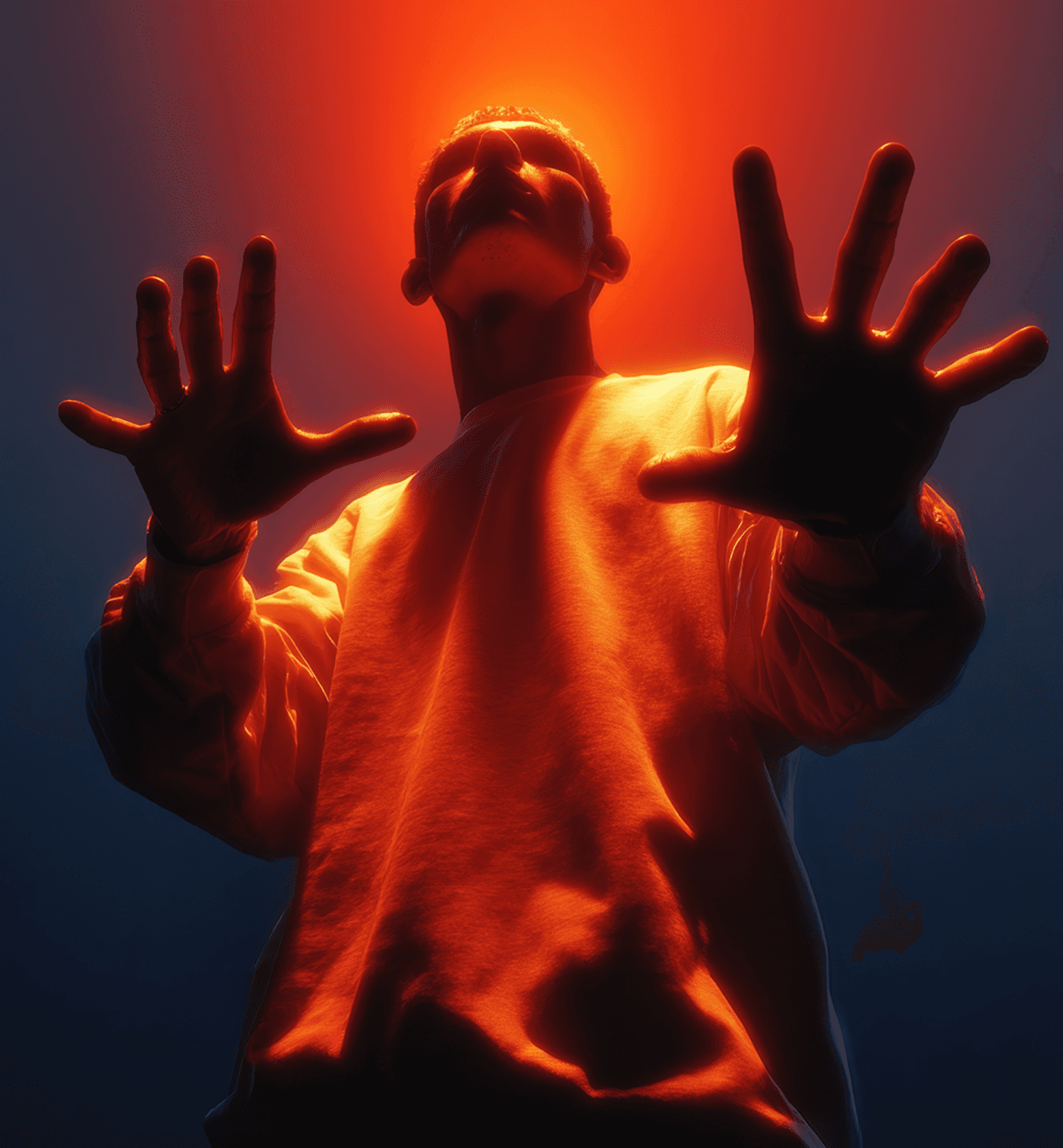 A man in a white shirt raises his hands, appearing joyful or celebratory.