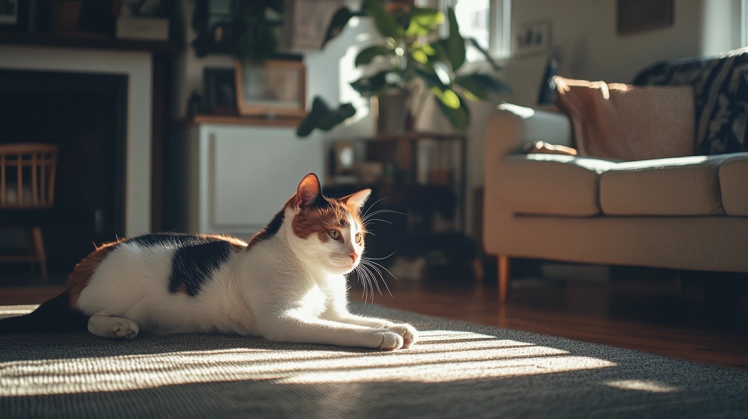 A calico cat sitting in a living room