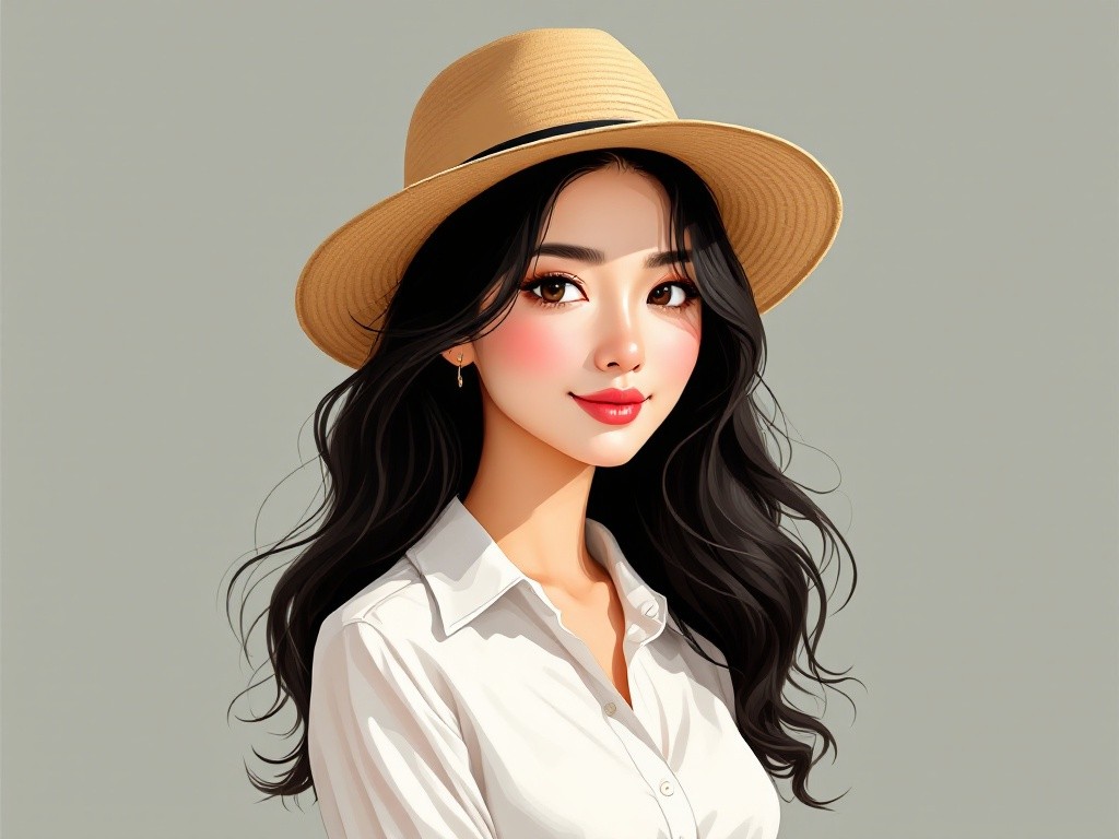 A digital painting of a young woman with long black hair wearing a straw hat and a white shirt.