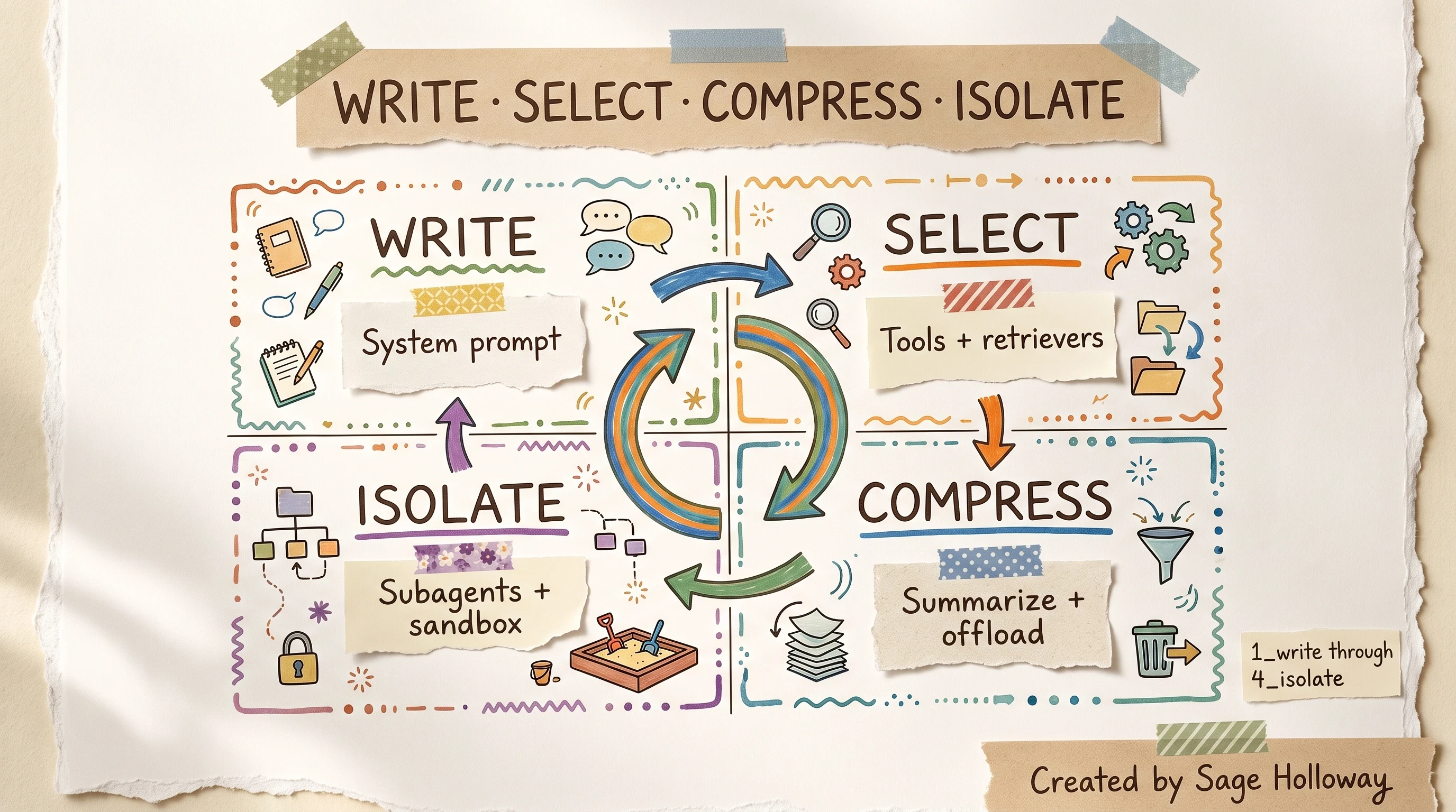 Scrapbook four-quadrant diagram of write, select, compress, and isolate context operations