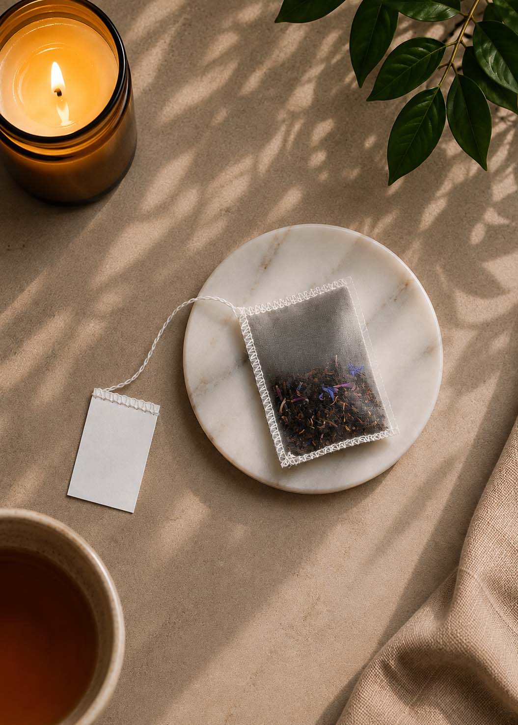 Sheer teabag on marble coaster