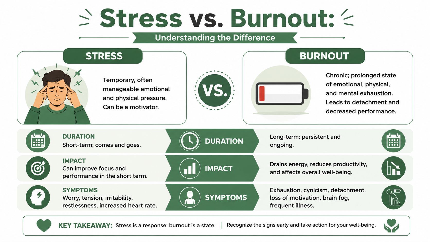 A comparative infographic detailing the key differences between temporary stress and chronic long-term burnout symptoms.