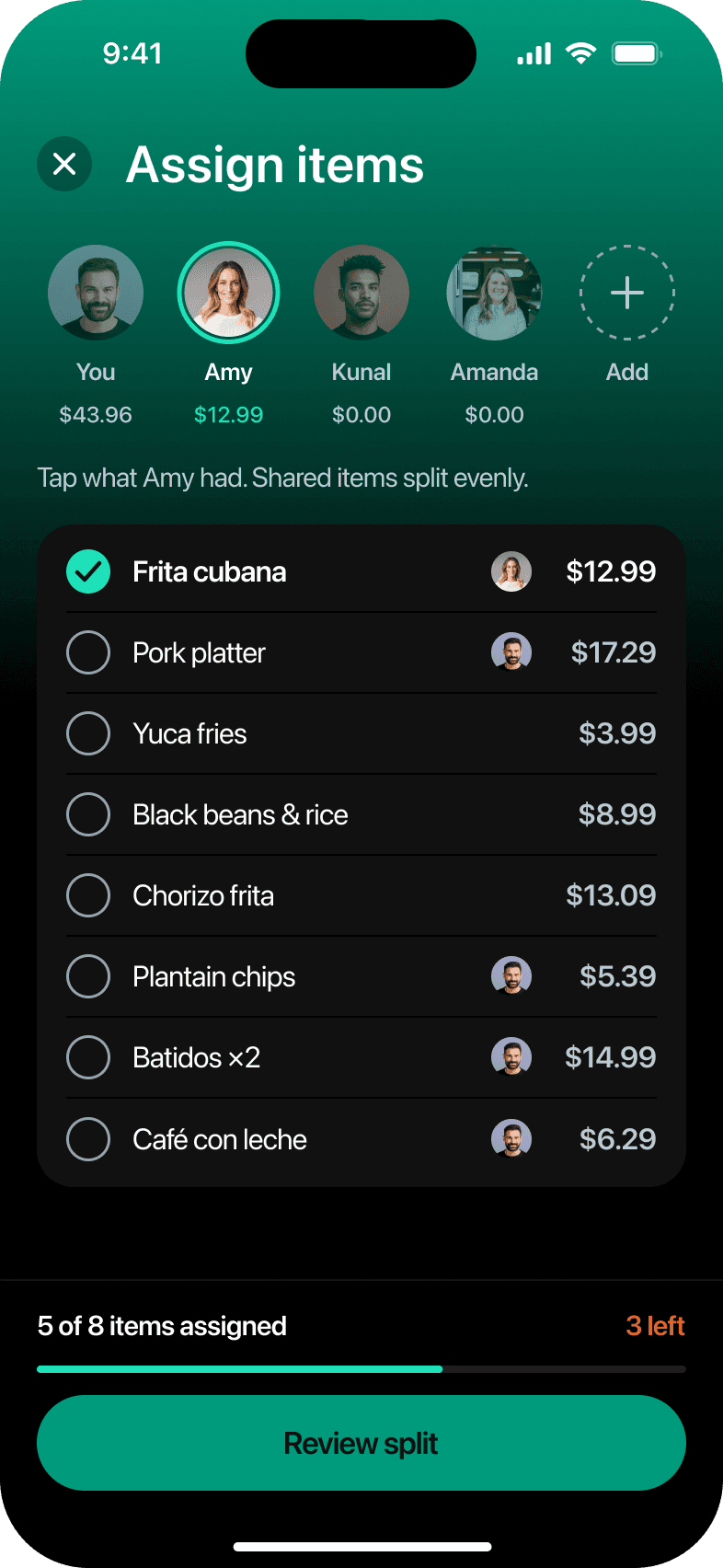 Assign items, Amy selected, 6 taps in