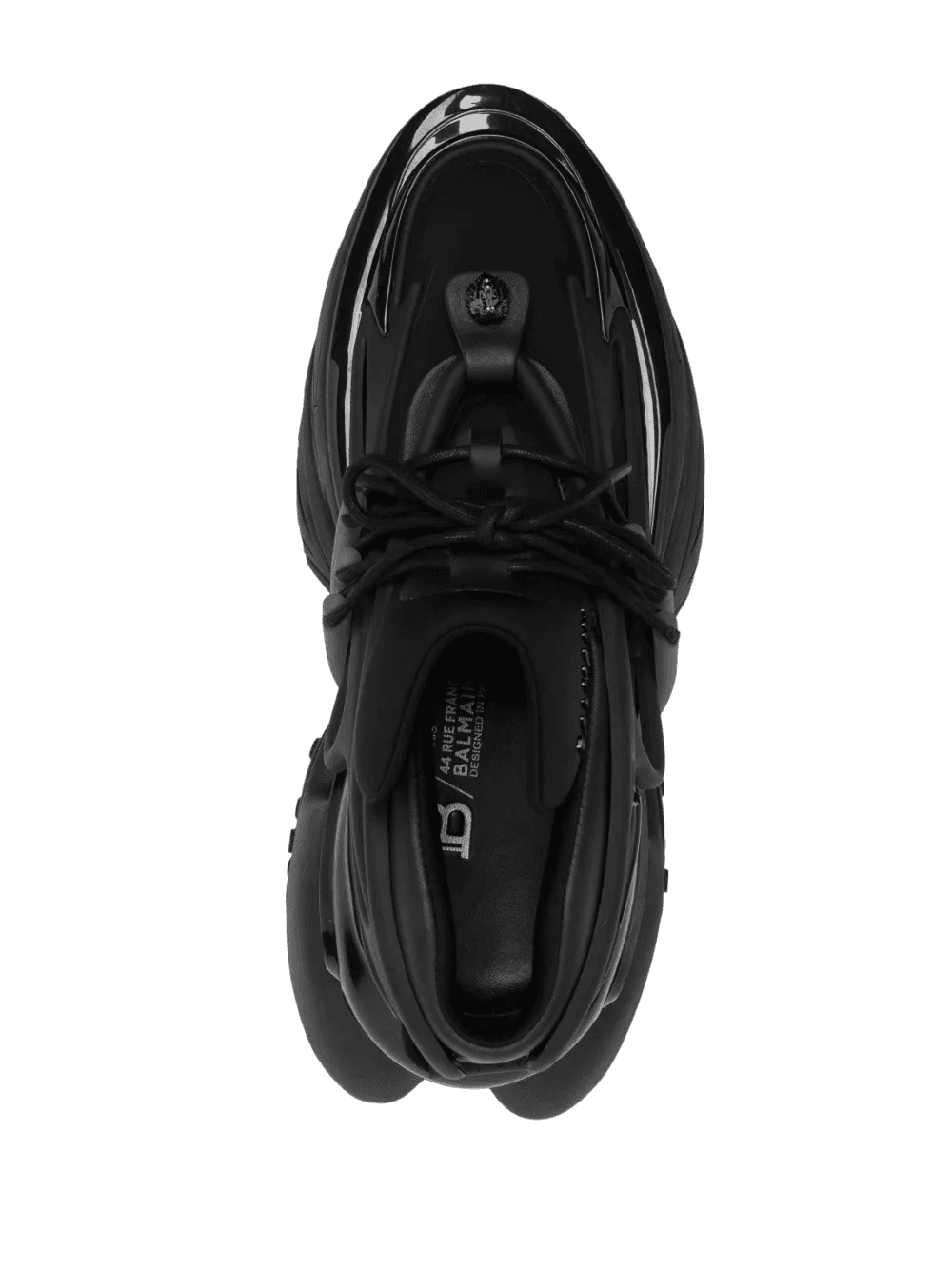 drone view of a pair of black clunky sneakers