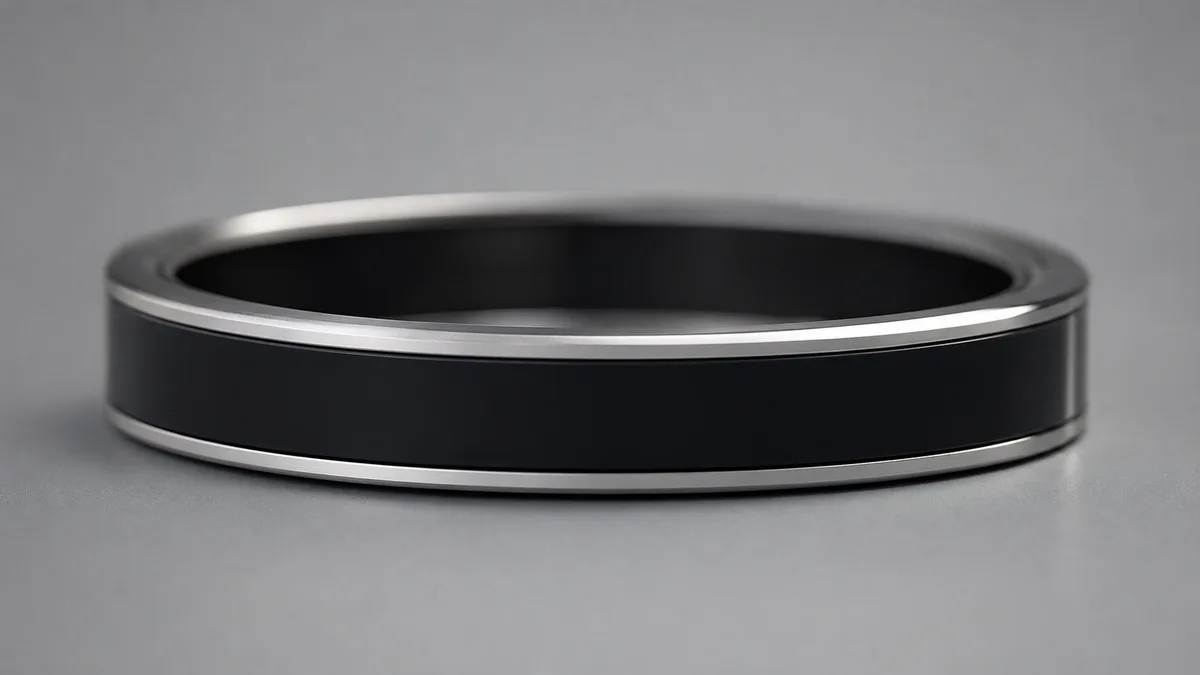 Cool macro of a blank-screen smart tasbih ring edge showing slim metal precision