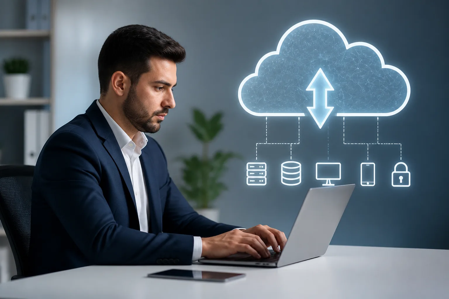 Cloud Services Company Setup in Dubai beside a Dubai trade license document and a modern