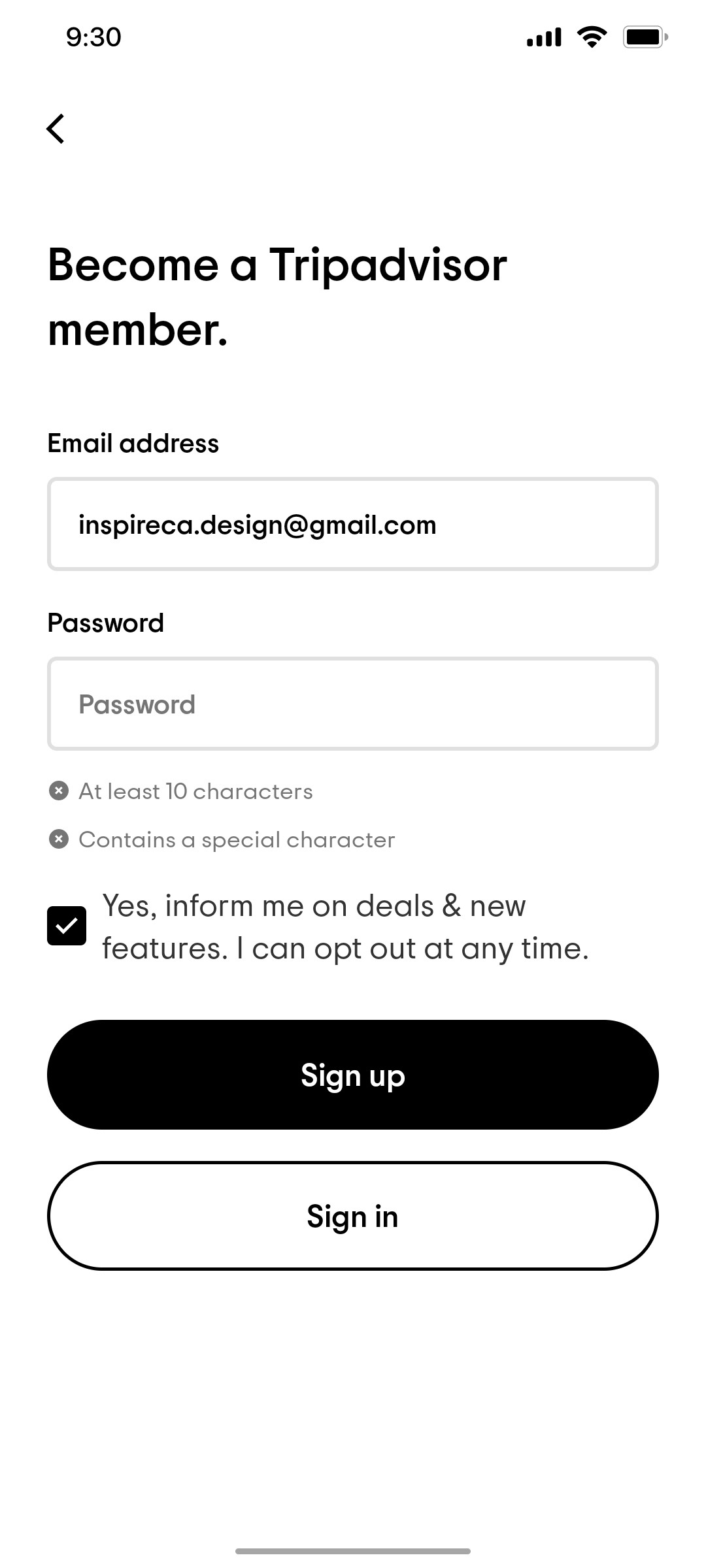 Tripadvisor Sign Up screen