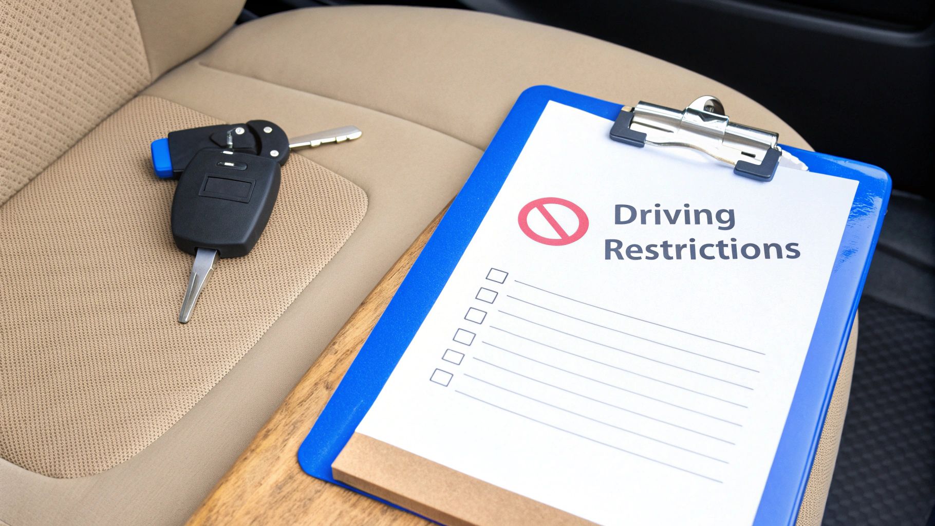 Car key next to a clipboard titled 'Driving Restrictions' with a no-entry sign on a car seat.