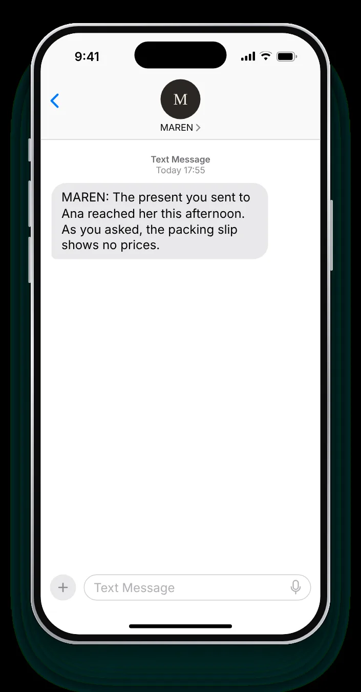 Telling the buyer their present landed delivery confirmation text on an iPhone