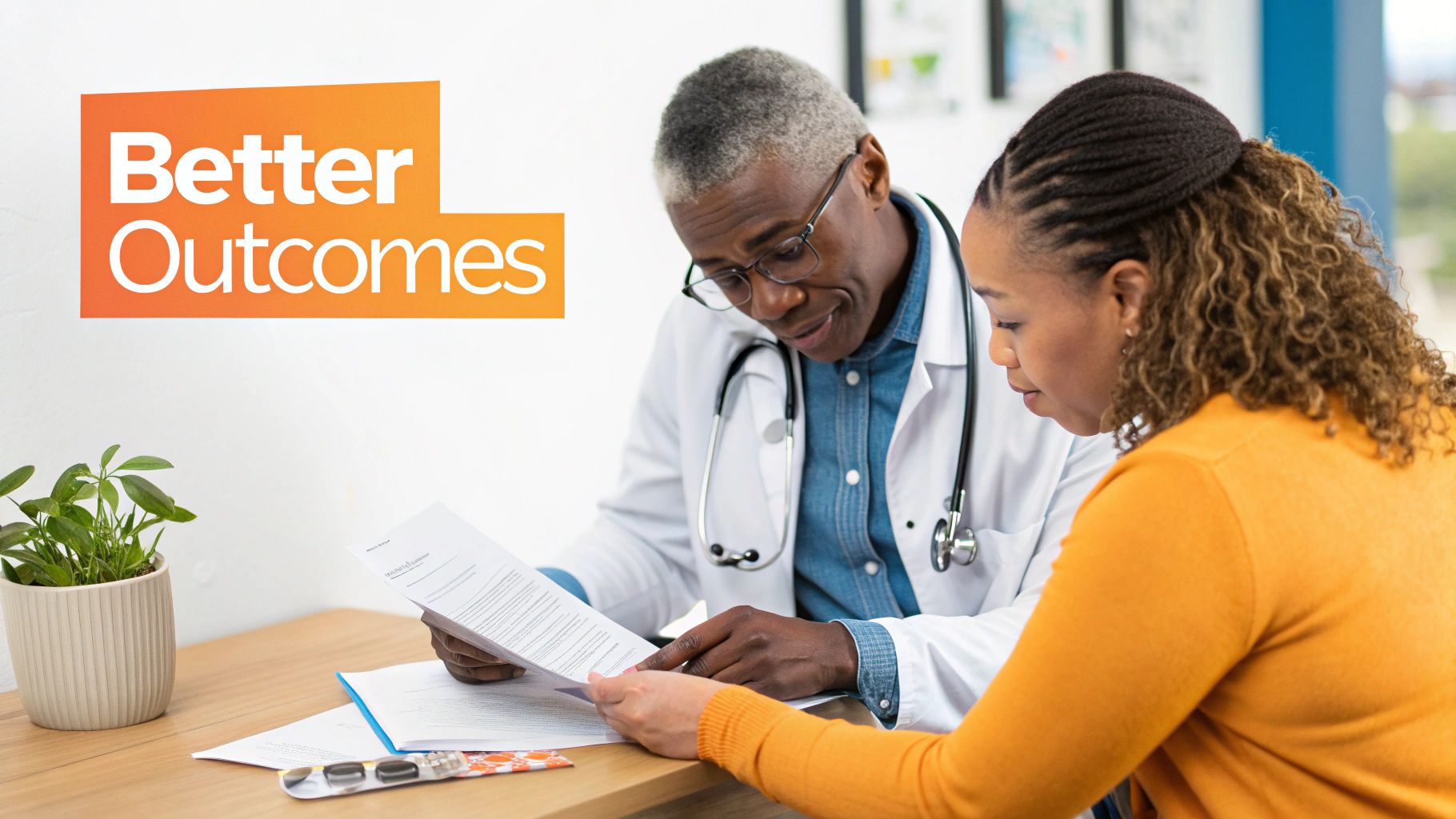 A compassionate doctor discussing results with a smiling patient.