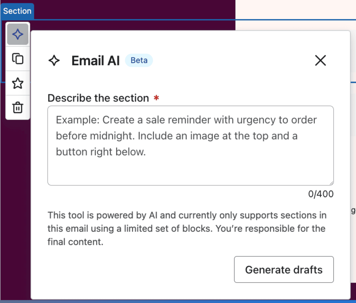 Klaviyo Email AI.png – Klaviyo's Email AI Beta tool displaying a prompt for users to describe the email section they want to generate, with an example for creating a sale reminder. The tool automates email content creation using AI while allowing manual refinements.