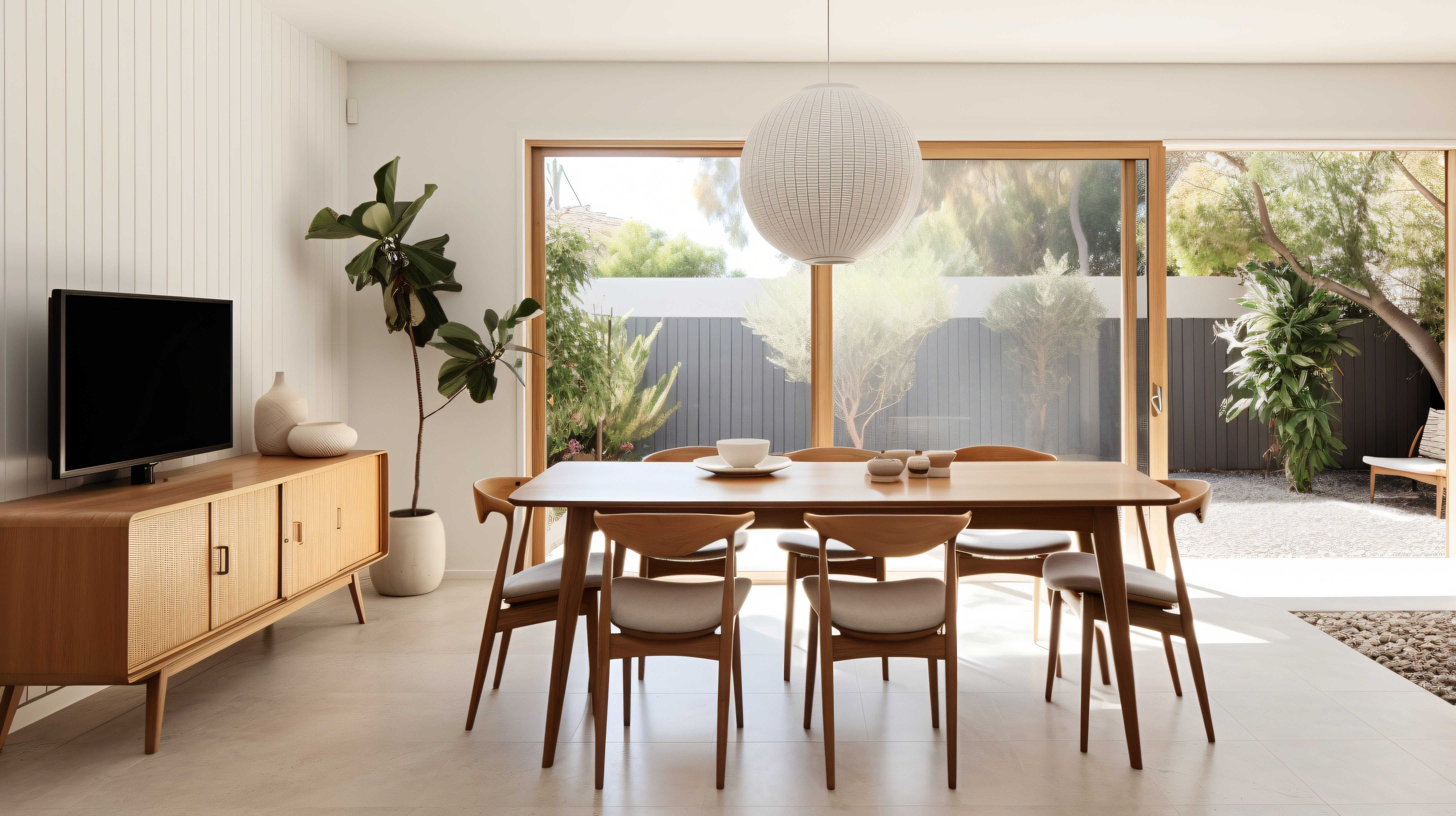 A serene outdoor seating area with two chairs, surrounded by lush greenery and a glassed-in structure.