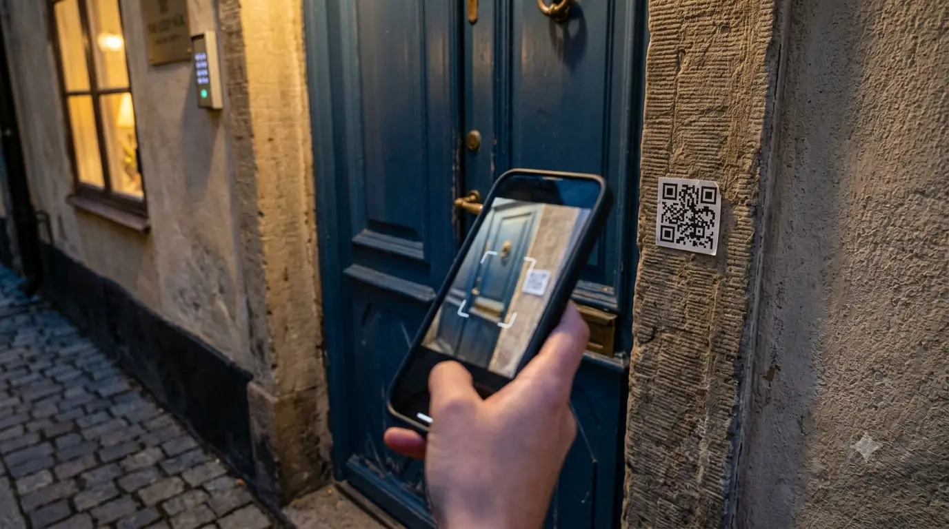 A guest scanning a QR code by a hotel door to open the arrival instructions.