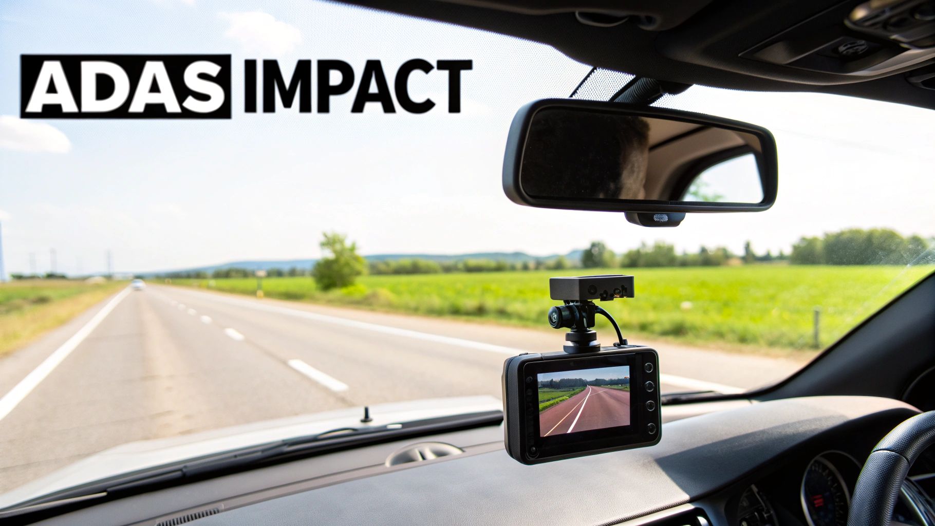 View from inside a car with a dashcam recording an open road and green fields, ADAS IMPACT visible.
