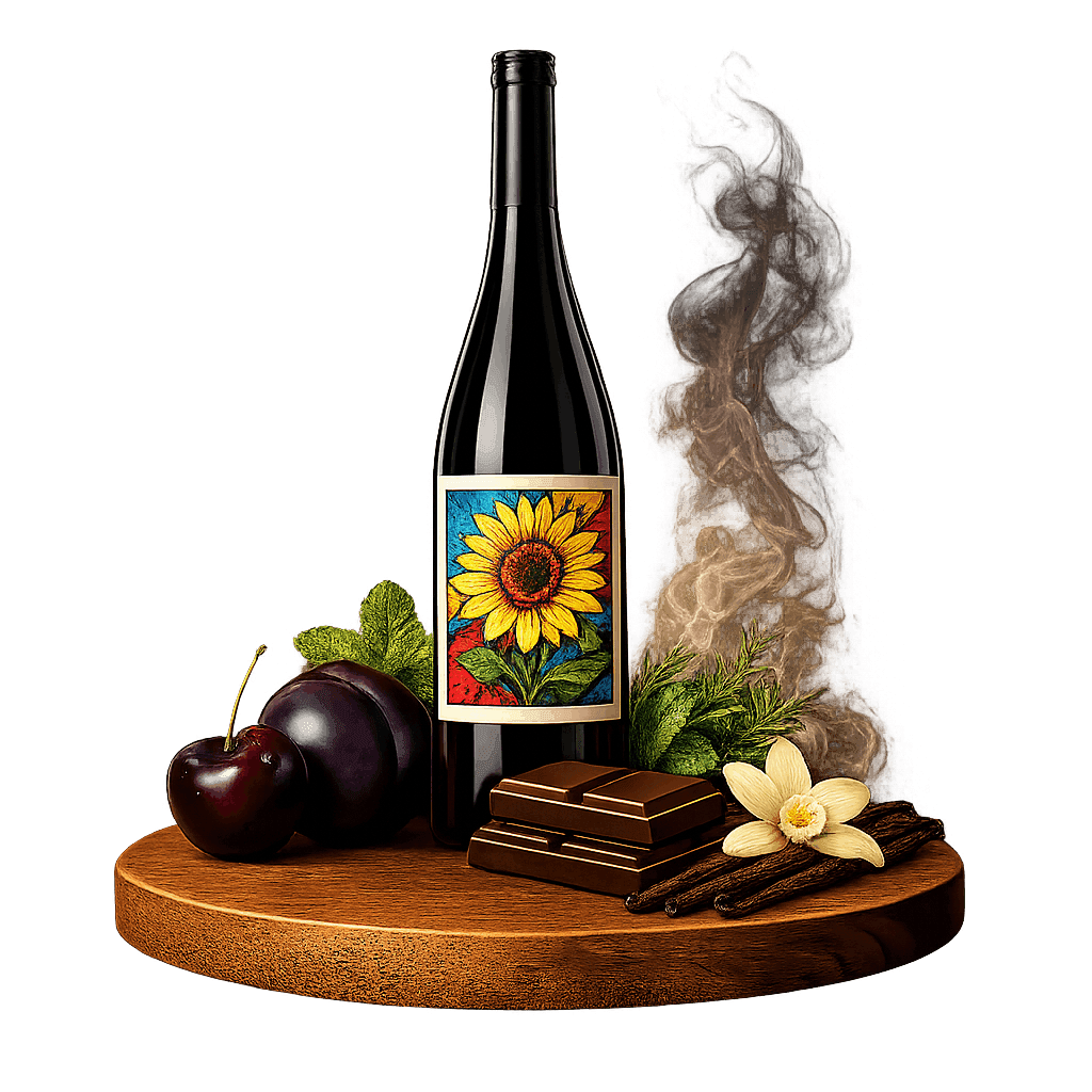 Artistic label and flavor profile for Ukrainian Merlot on a rustic wooden table.