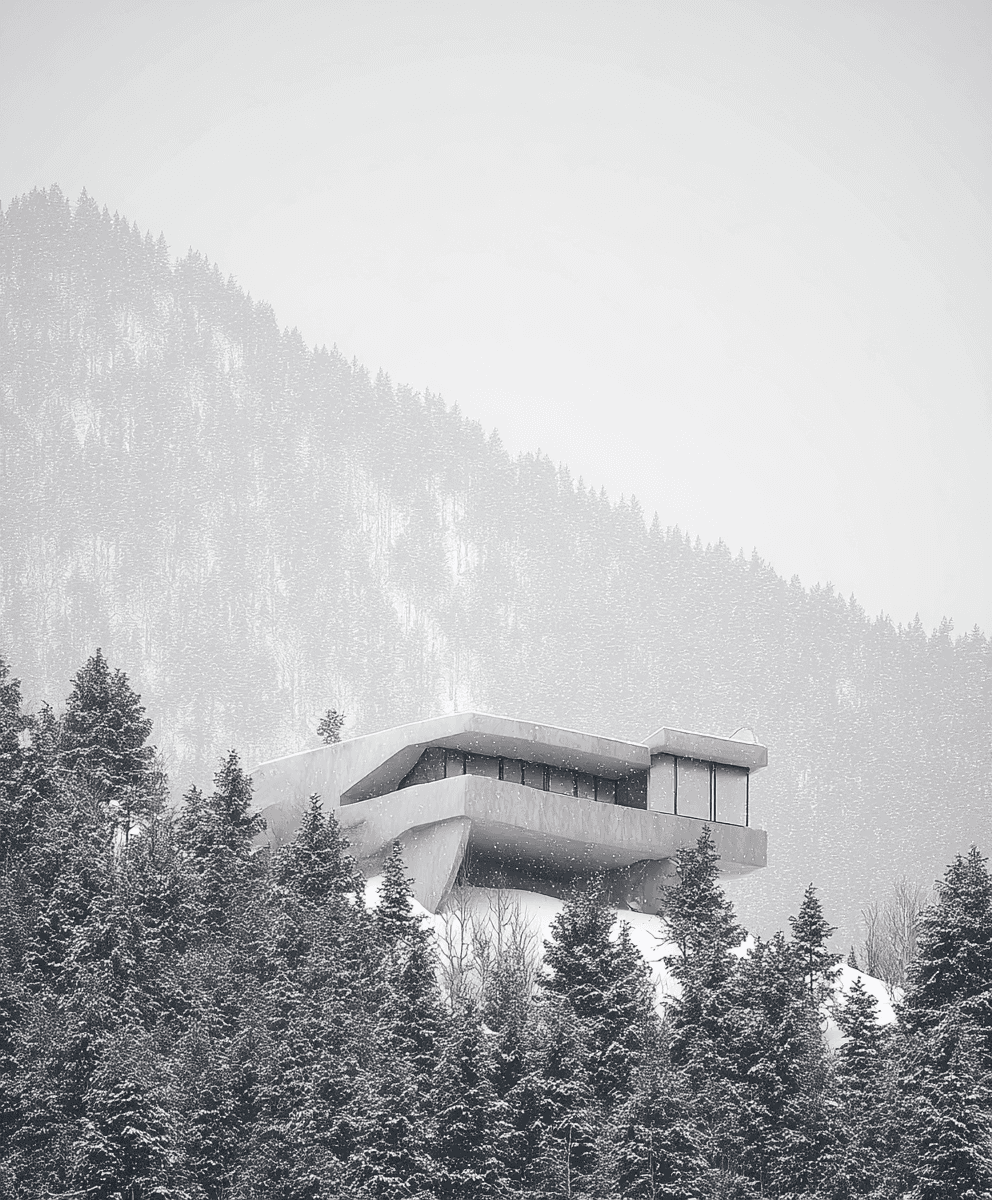 A modern concrete chalet juts from a snowy mountainside, half-hidden among dark pine trees while heavy flakes fall through a pale, wintry sky