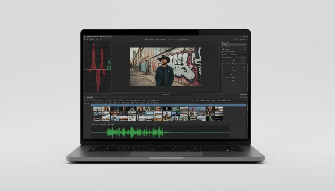 A modern dark gray laptop, centered and viewed front-on against a solid white background, displaying the Final Cut Pro video editing software interface. The UI is in a Modern Dark Mode style. The layout shows a video project with a central preview window of a man in a cowboy hat in a graffiti alley. To the left is an RGB Parade waveform scope. To the right is a color correction panel with sliders and placeholder data with muted blue highlights. At the bottom is a detailed editing timeline with video clip thumbnails and a green audio waveform.