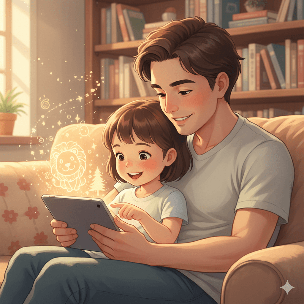 Moment calme de lecture du soir entre un parent et son enfant, favorisant l'endormissement et l'apaisement.