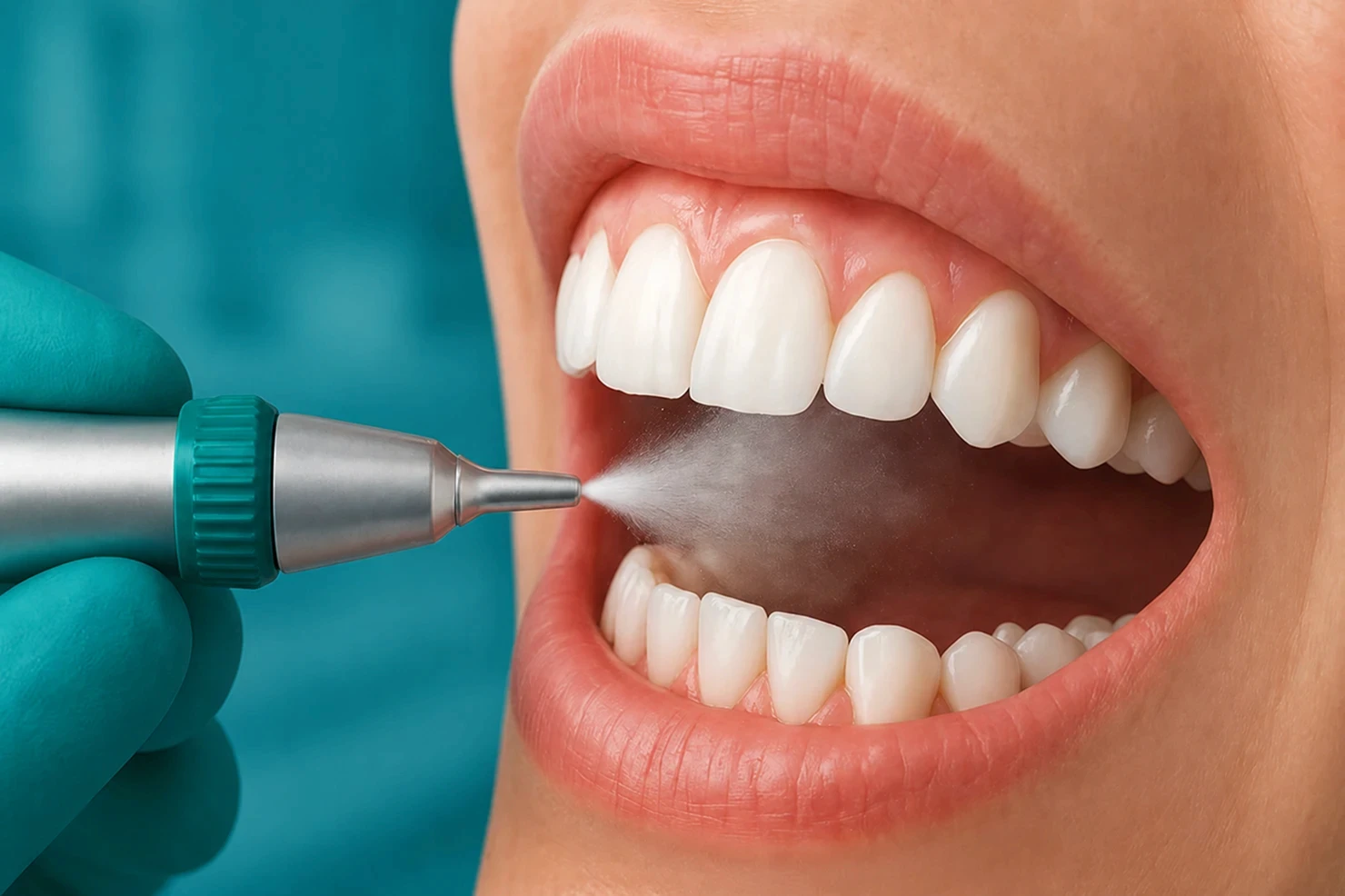 Dental drill tool cleaning and polishing white teeth during a professional oral hygiene procedure.