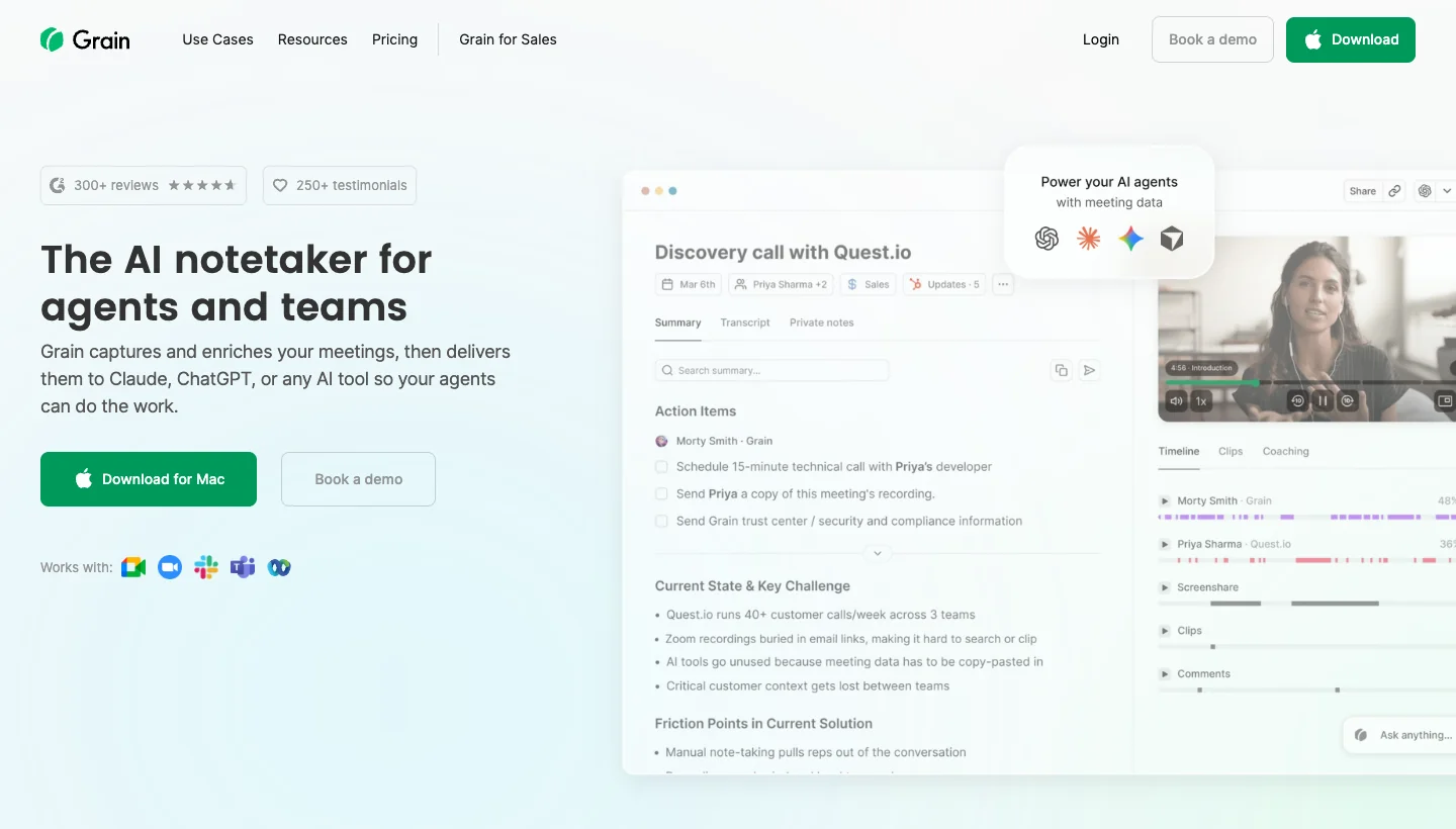 Grain homepage: AI tool for sales call recording and video highlights