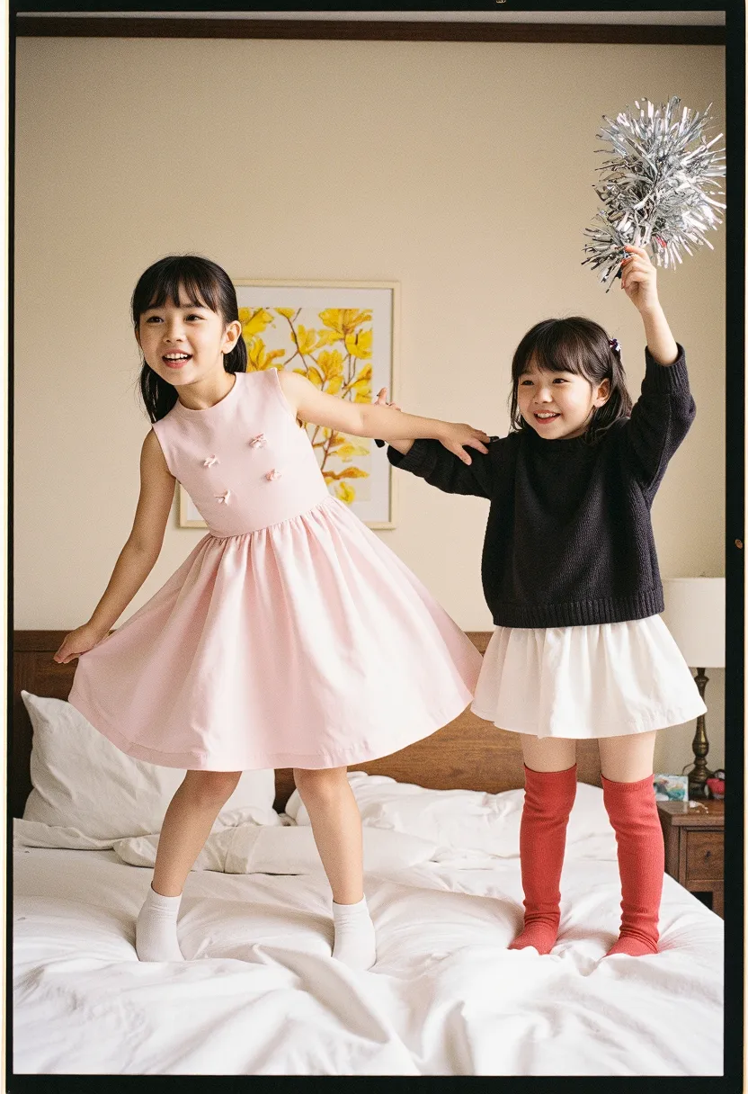 Two happy young girls dancing on bed in festive outfits, one in pink dress, one in black sweater holding silver pompom