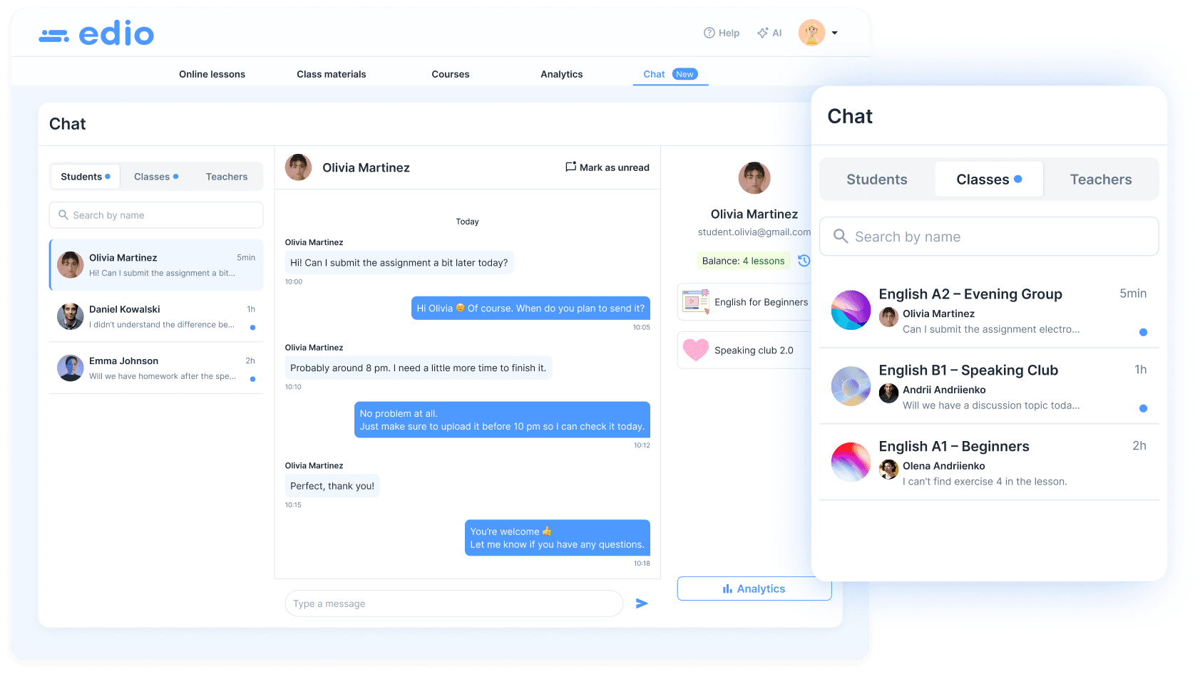 Built-in chat for language schools in edio — messaging with students, teachers and class groups in one platform