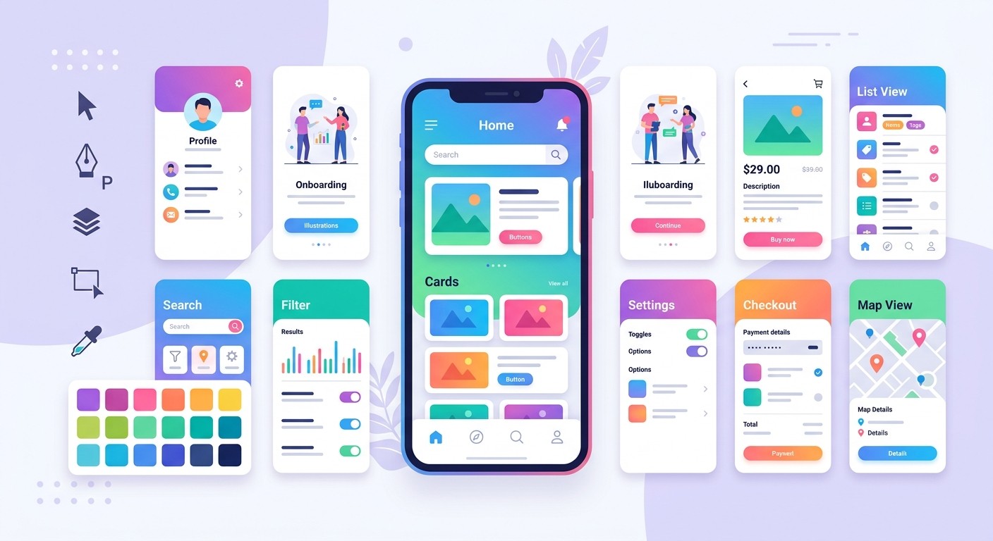 Illustration of a smartphone displaying a colorful app prototype with screen mockups arranged around it