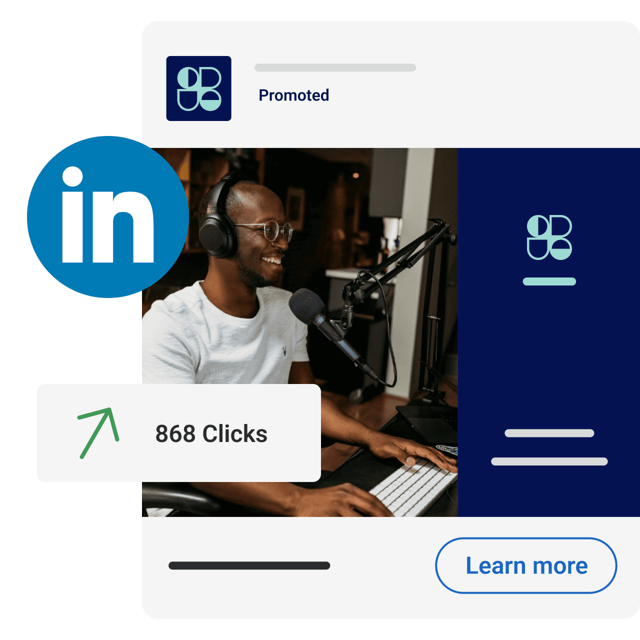 LinkedIn promoted ad showing a man recording a podcast with 868 clicks and a 'Learn more' button