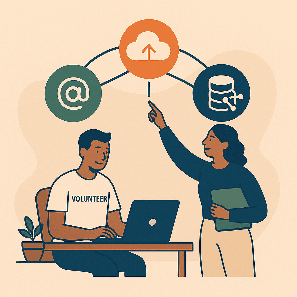 Illustration of nonprofit staff integrating digital tools with connected icons for email, cloud, and CRM systems.