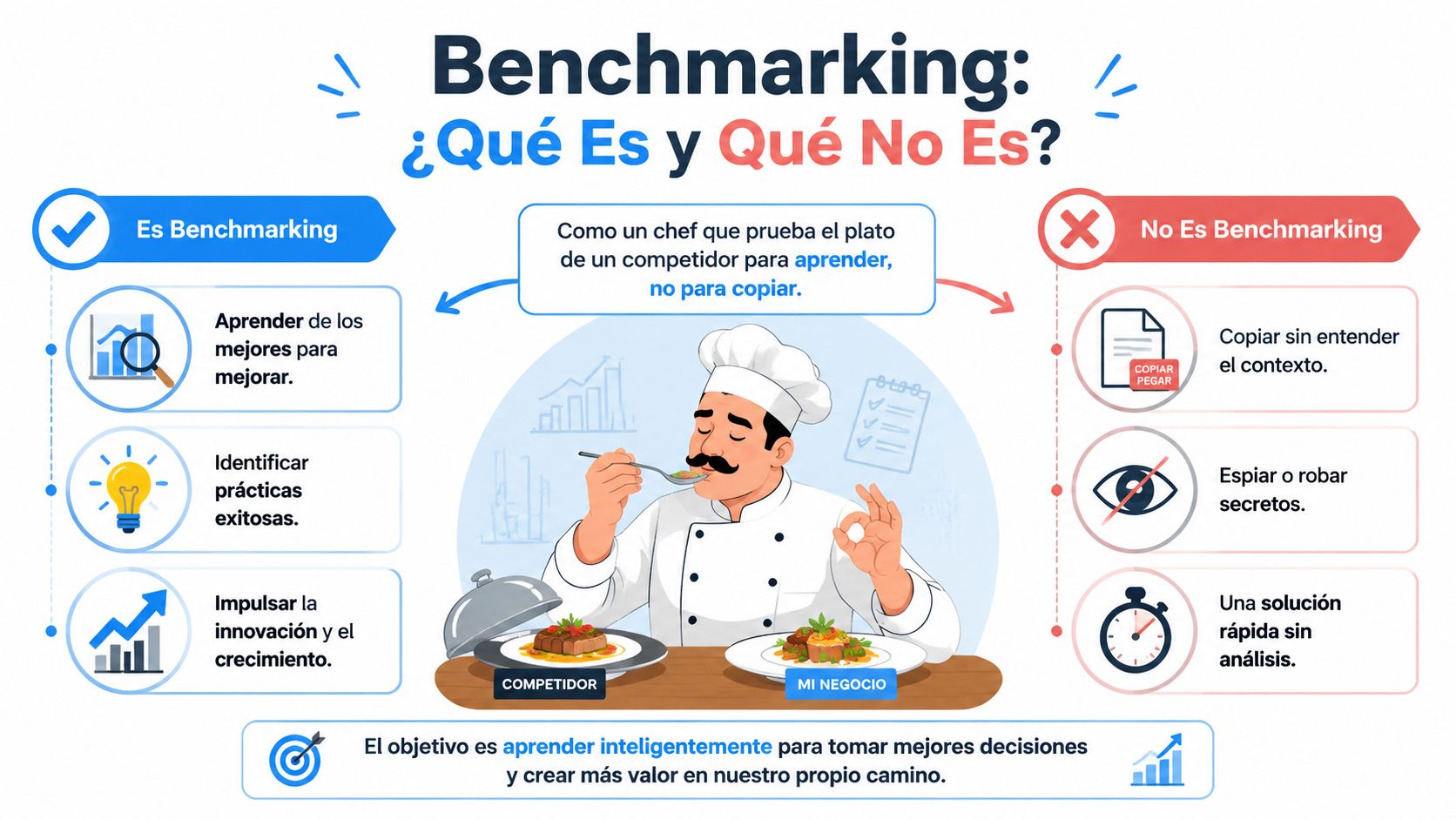 Infografía sobre qué es y qué no es el benchmarking, utilizando la metáfora de un chef profesional.
