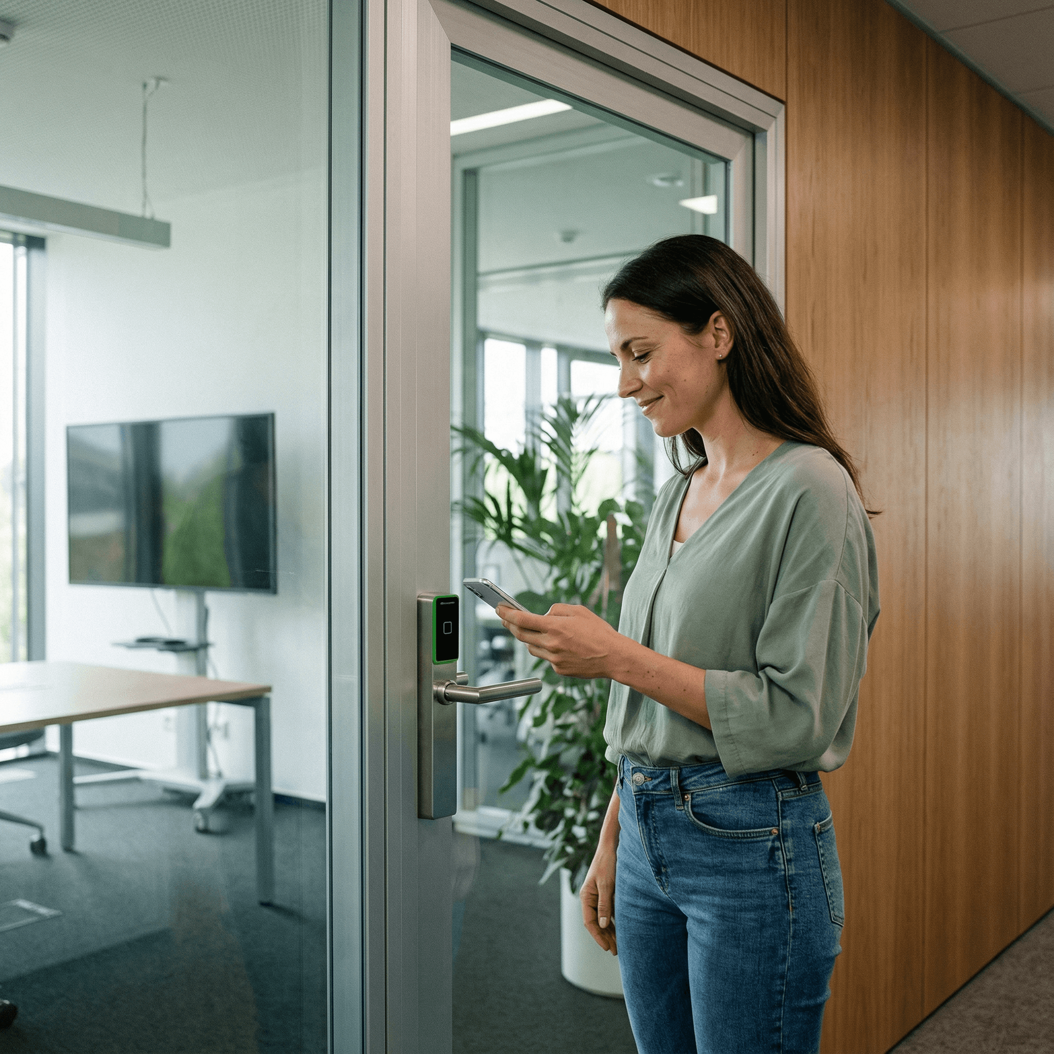 Eine Frau öffnet die Tür zum Meetingraum mit dormakaba Smartlock per Smartphone